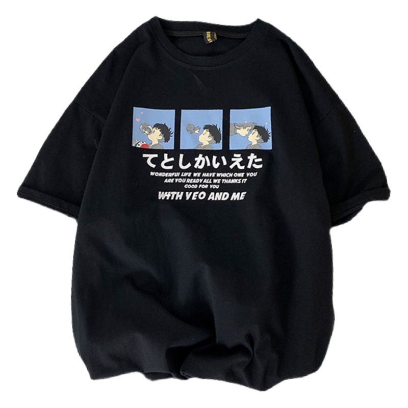 Japanese-style cartoon casual loose short-sleeved T-shirt women's summer couple's bottoming shirt women's plus size top women's wholesale