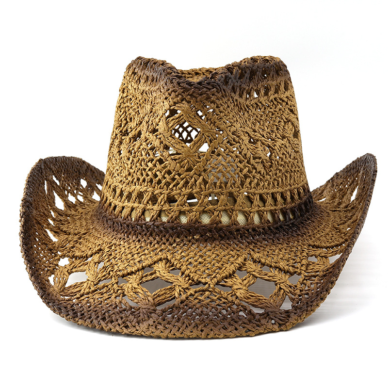 Picture of European and American Retro Western Cowboy Hat Sunscreen Hollow-out Jazz Hat Cross-border Malan Flower Windproof Rope Denim Straw Hat