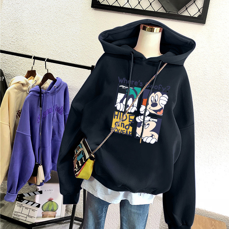 2025 New Fall/Winter New plus size Letter Sweatshirt Top fleece-lined Thickened Korean Loose Cartoon Hooded Cartoon