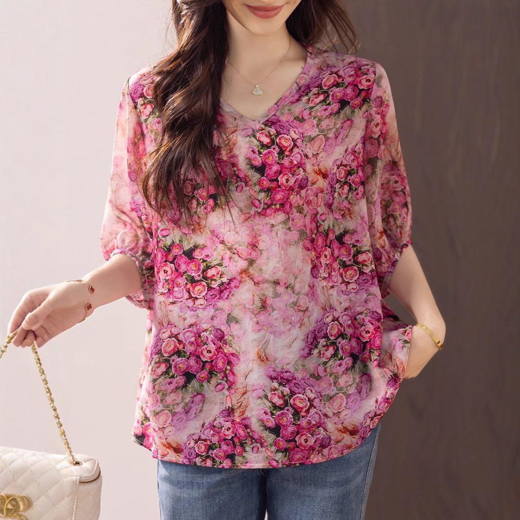 Price Limit++ Small Video New Fashion Printed Shirt Loose Pink Collar Shirt for Women Summer