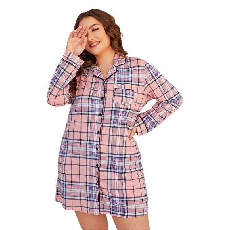 Amazon Cross-Border Large Size Pajama Dress Women's Long-Sleeved Cardigan Plaid Nightgown Spring and Summer Foreign Trade Home Wear Wholesale