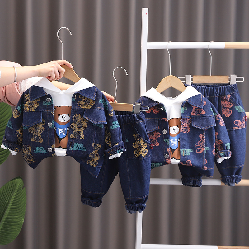 Wuxiaoqi Children's Clothing 2025 Spring & Fall New Style 0-5 Year Old Boy Denim Printed Bear Cartoon Thin Hooded Three-Piece Set