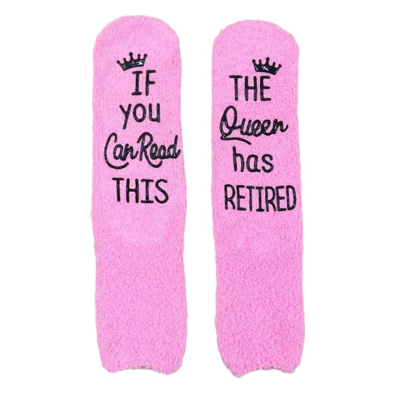 In-Stock Coral Fleece Cake Socks, Thickened and Warm, Women's Mid-Calf Socks with Non-Slip Lettering on the Sole, Casual Floor Socks