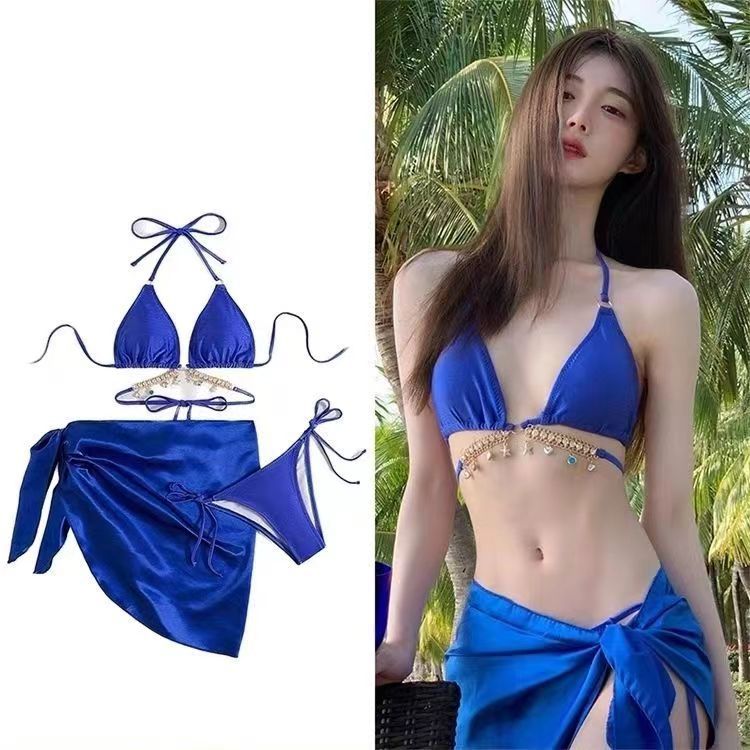 European and American sapphire blue satin sexy pure desire bikini split three-piece rhinestone chain white small chest swimsuit for women