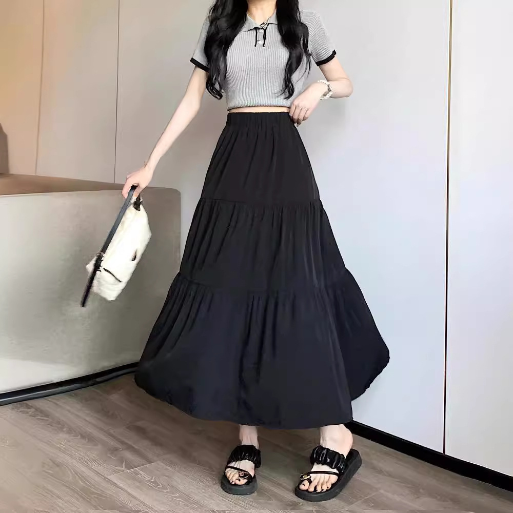 High Waist Pleated Skirt Covering Skirt Spring A- Shaped Black Hip 2024 Niche Slim Elegant Women's Clothing