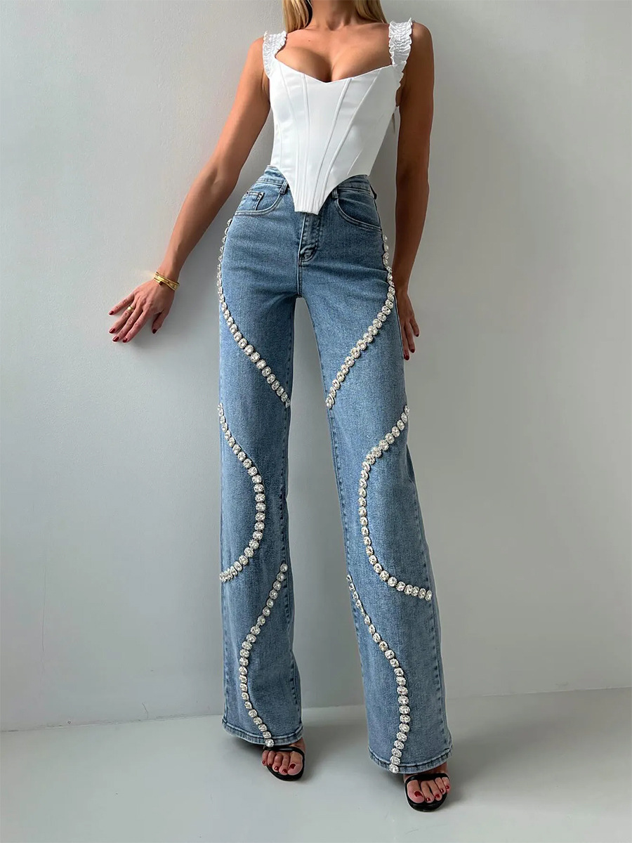 Fashionable Personalized Jeans for Women 2025 Summer New Trendyy Ring Rhinestone Splicing Design Straight Pants