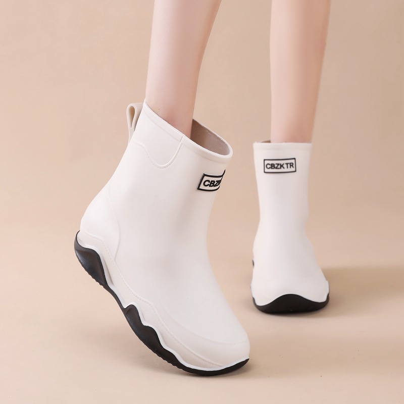Japanese-type mid-barrel rain boots for men and women rubber shoes for outer wear non-slip water boots thick-soled water shoes for fleece-lined short-barrel rain boots for women