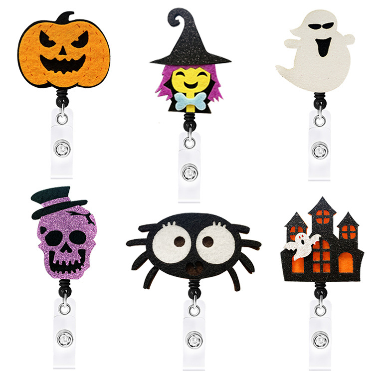 Amazon Spot Halloween Felt Glitter Pumpkin Skull Telescopic Easy Pull Buckle Easy Pull ID Buckle Badge Clip