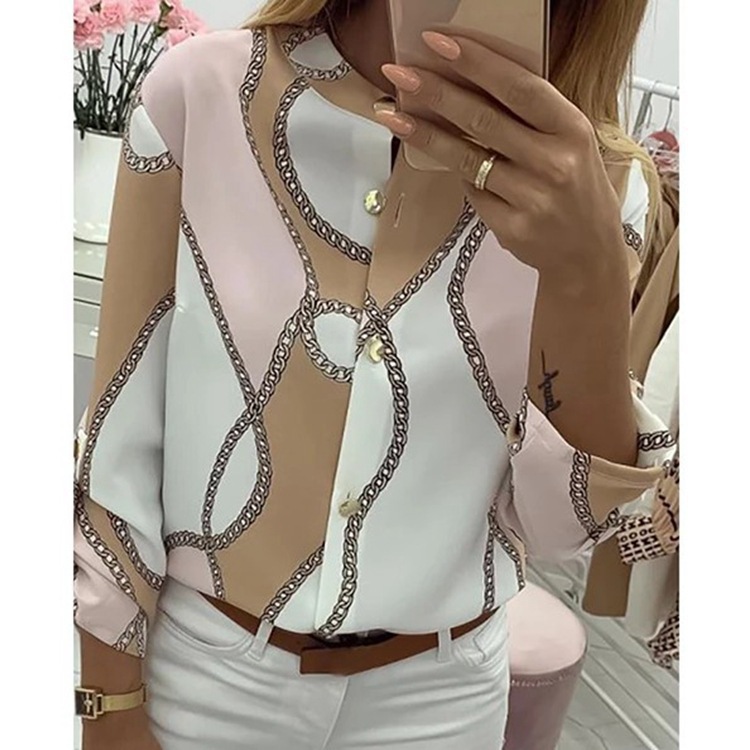 2019 European and American wish Amazon autumn and winter chain Printed Lapel long sleeve shirt women's spot