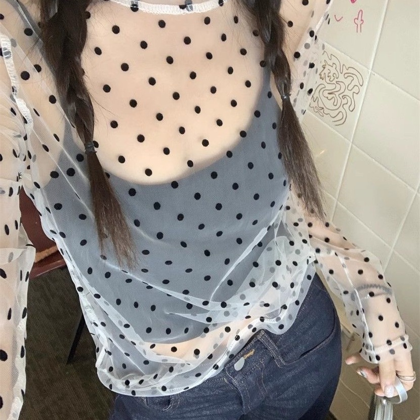 New See-Through Polka Dot Long-Sleeved Shirt Women's 2025 Summer Hot Girl Niche Versatile Mesh Top