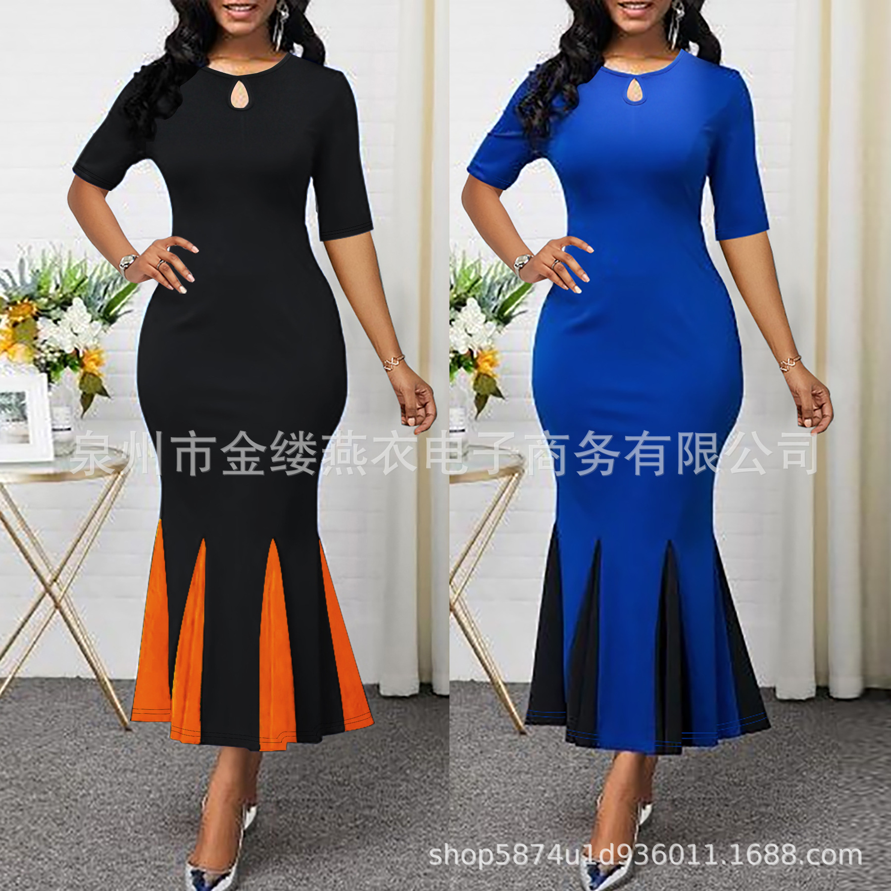 Cross-border Amazon European and American plus size Elegant Light Mature Round Neck Slim-fit Stitching Skirt Slim-fit Dress Long Fishtail Dress