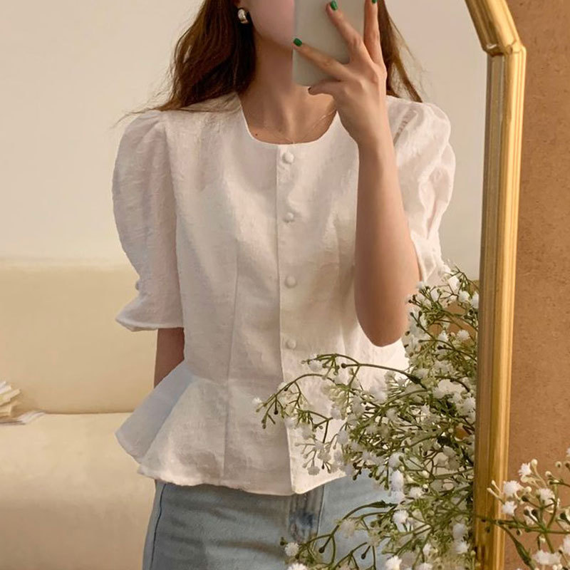 South Korea Chic Summer French Style Elegant Round Neck Single-breasted Dark Pattern Jacquard Horn Sleeve Ruffled Shirt Top for Women