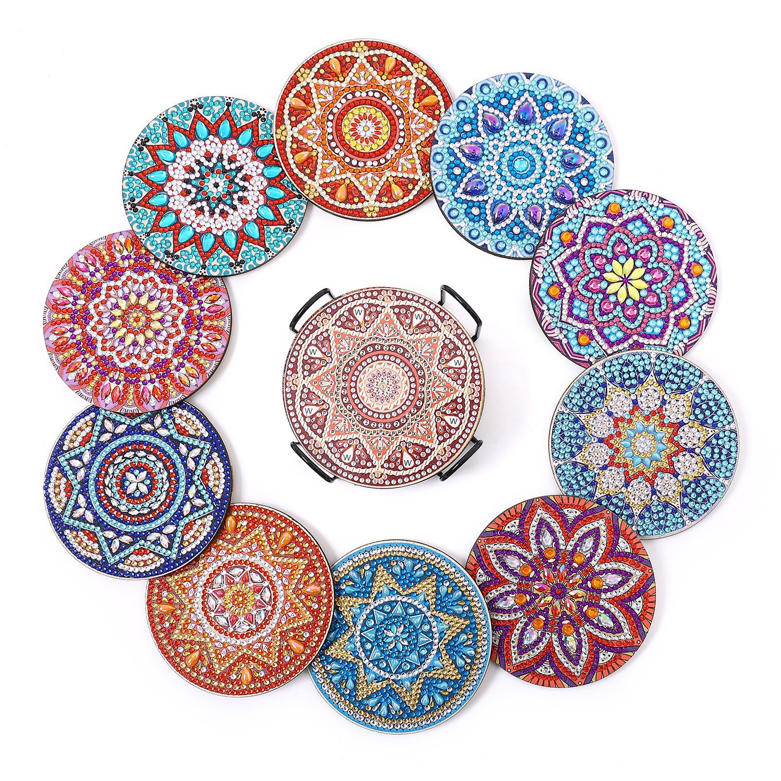 Amazon Hot Sale 10 Pieces Handmade DIY Wooden Point Drill Heat Insulation Non-Slip Diamond Painting Mandala Coaster with Stand