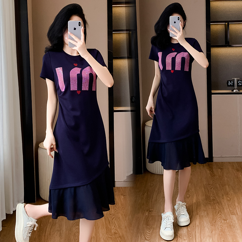 Foreign style summer heavy industry love hot drilling fold thin chiffon stitching fishtail temperament round neck dress