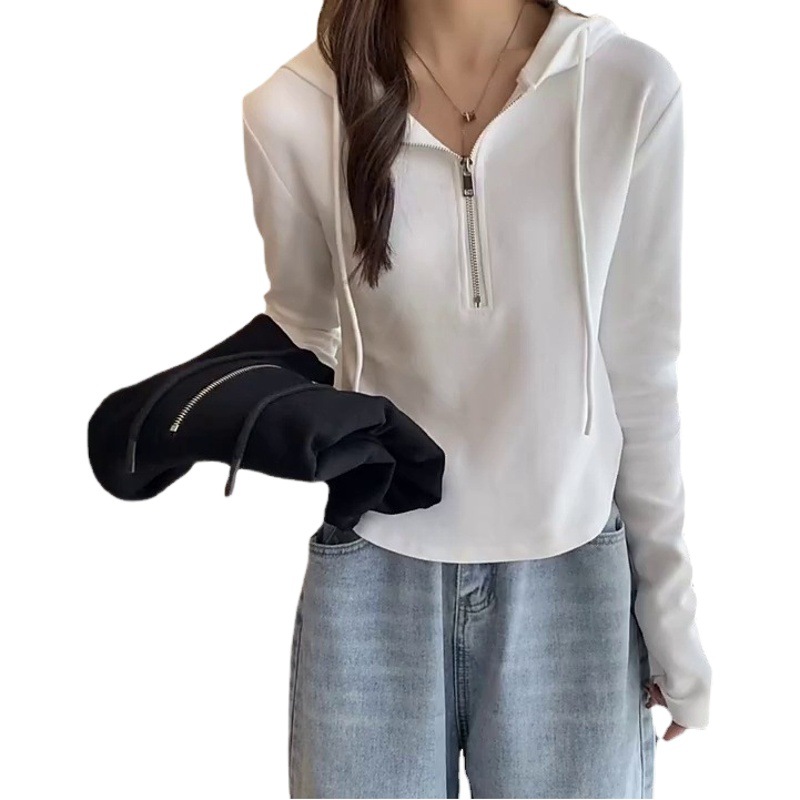 2023 new design sense niche autumn short zipper top slimming thin long sleeve hooded T-shirt Western style women