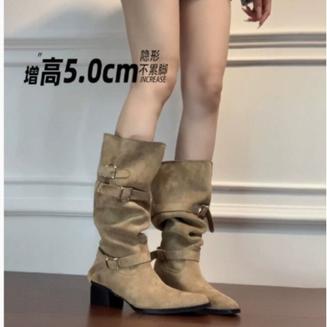Picture of Cowhide Version ~ Thick Heel Versatile Retro Boots Women's Belt Buckle Pleated Pile Boots High-Top Western Cowboy Boots