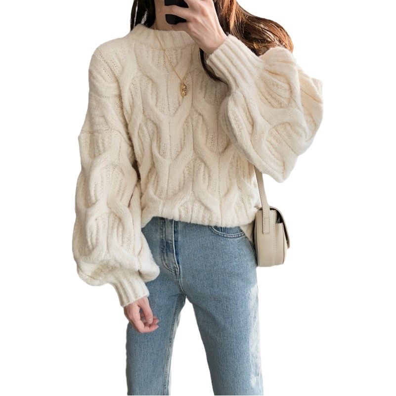 Lantern Puff Sleeve Round Neck Twist Pullover Sweater Women's Autumn and Winter Lazy Style Korean Style Loose Thickened Cable Sweater