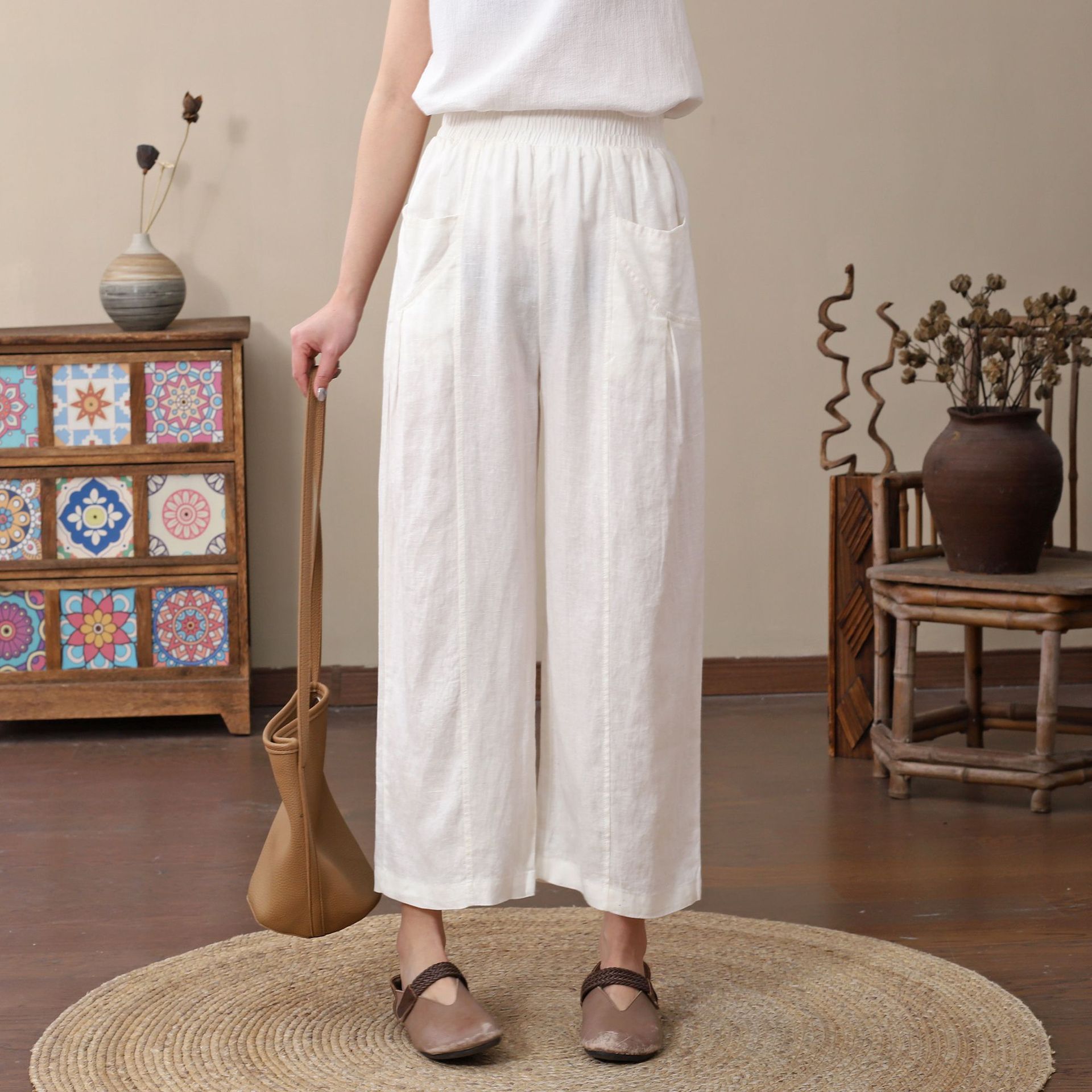 Xin Yue 2023 Summer New Elegant Commuter Style Stitching Pocket Pleated Pure Linen Straight Casual Pants for Women