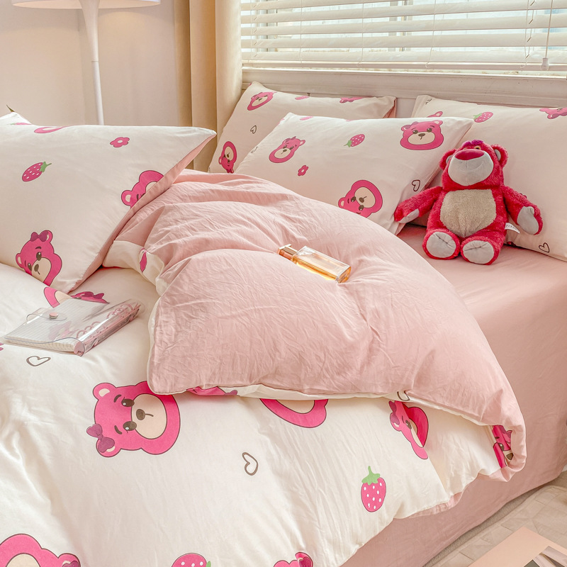 Picture of Small fresh class a 100 wash cotton four-piece set sanding cotton full quilt cover single bed hat student dormitory three or four-piece set