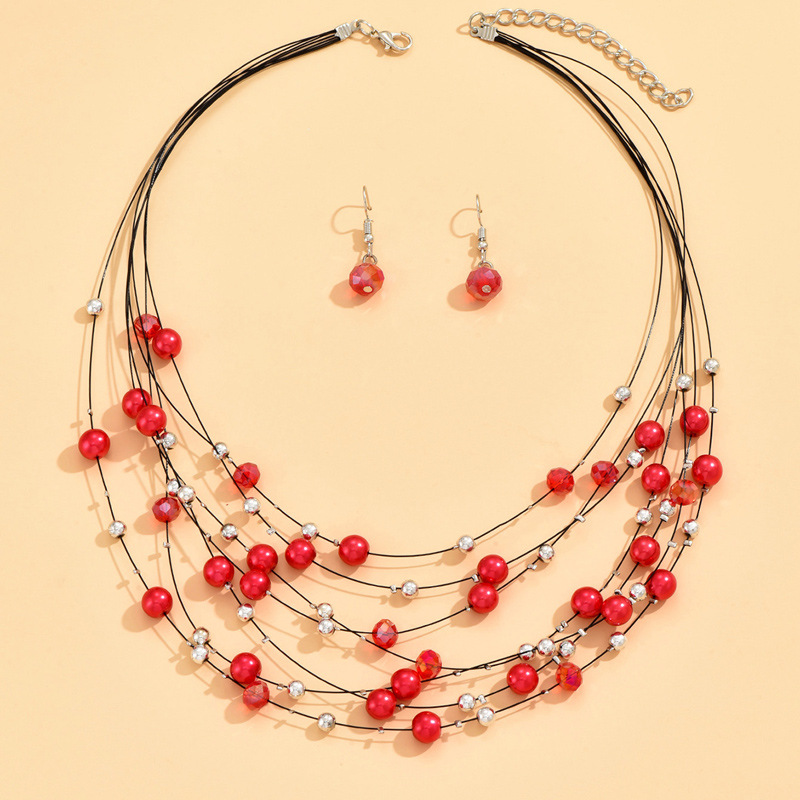 Picture of European and American Cross-border Hot Selling Bohemian Ethnic Style Handmade Beaded Crystal Pearl Multi-layer Necklace Earrings Set for Women