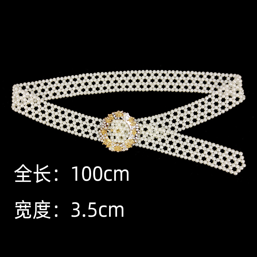 Picture of Fashion Sweet Elegant String Pearl Belt Elastic Wide Diamond Waist Seal European and American Retro Dress Decorative Belt for Women