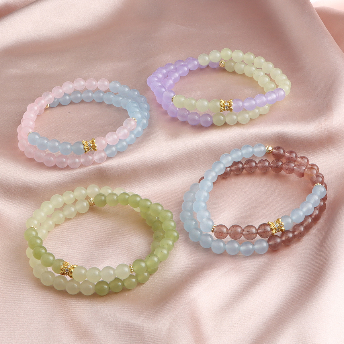 New Chinese Style Bracelet Pink Crystal Strawberry Crystal Aquamarine Purple Jade Green Jade Double Bracelet Crystal Bracelet Fashion Shake Sound Explosion