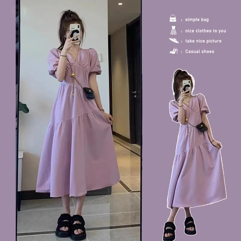 French Style Tea Break Purple Puff Sleeve dress Women's 2024 Summer Style Small Design Tight Waist Slimming Long Dress