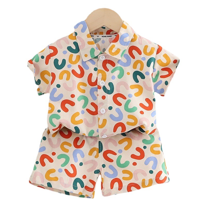 2024 Boys Summer Short-sleeved Suit European and American Style Flower Shirt Children's Breathable Summer Baby Shirt Shorts Suit