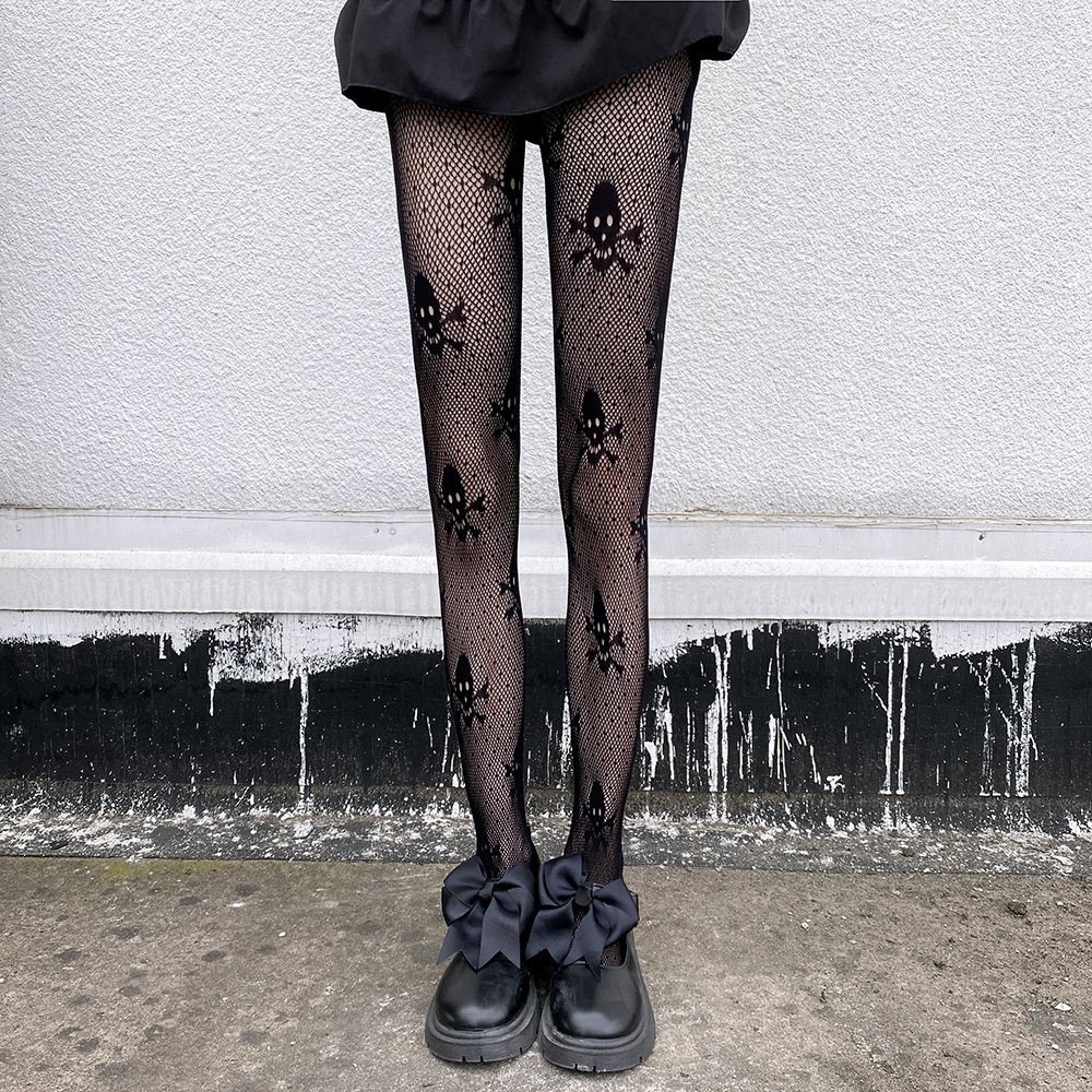 Dark Style JK Socks Skull Bone Pattern Cyber Red Black Silk Stockings Thin Bottoming Socks Hollow Jacquard Tennis Stockings for Women