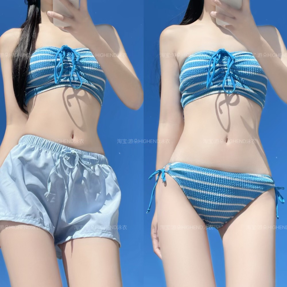 New South Korea Holiday Style Split Bikini Shorts Slimming Strap Blue and White Striped Hot Spring Seaside Pure Desire Swimsuit