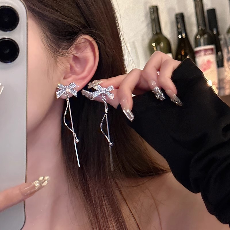 Peach Tea French Bow Tassel Earrings Women's Niche Design Sense High Elegant Ear Clip Ins Earrings