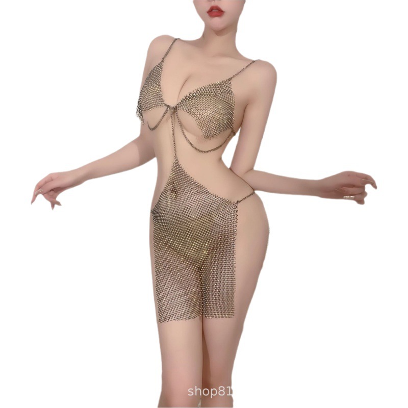 Bright transparent mermaid sexy sexy lingerie suspender skirt transparent shining metal chain dress nightclub clothes