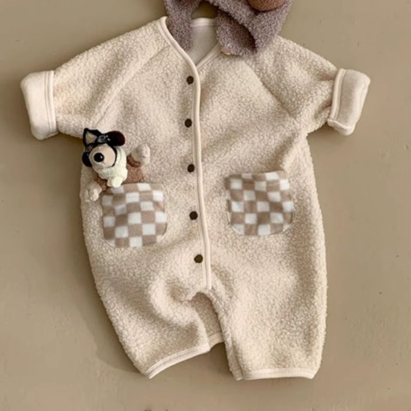Picture of Ins Korean Style Baby Boys and Girls Winter Clothes New Style Jompsuit Cute Rabbit Ear Lamb Wool Hooded Climbing Clothes for Going Out