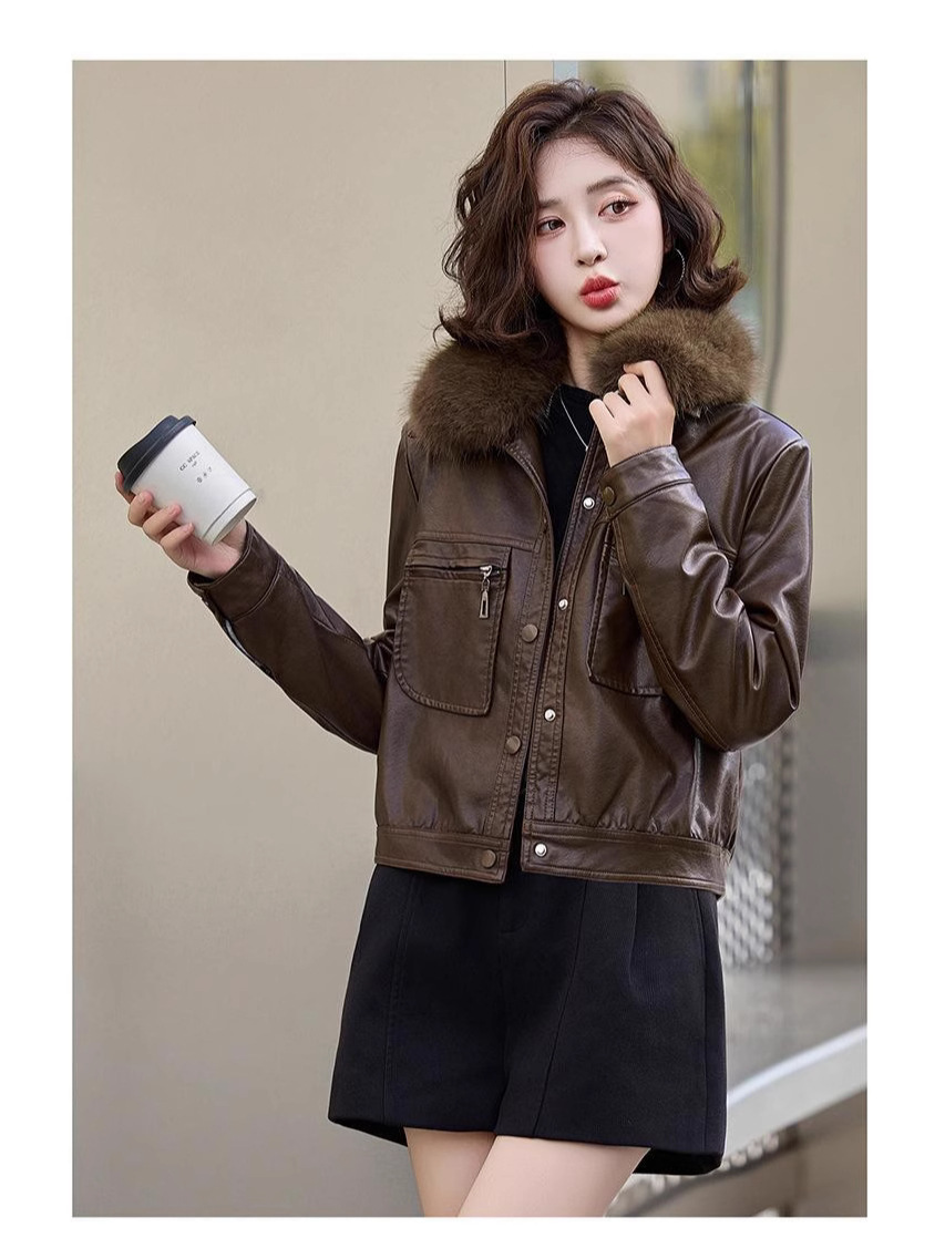 Picture of Zordan Paul Women's Leather Jacket Autumn and Winter New Large Fur Collar Fleece-Lined Thickeneded Motorcycle Pu Leather Jacket-749