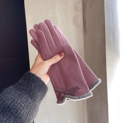 Picture of Gloves Women's Winter Korean-style Cute Bow Fleece-lined Thickened Warm Touch Screen Riding Driving Cold-proof Gloves
