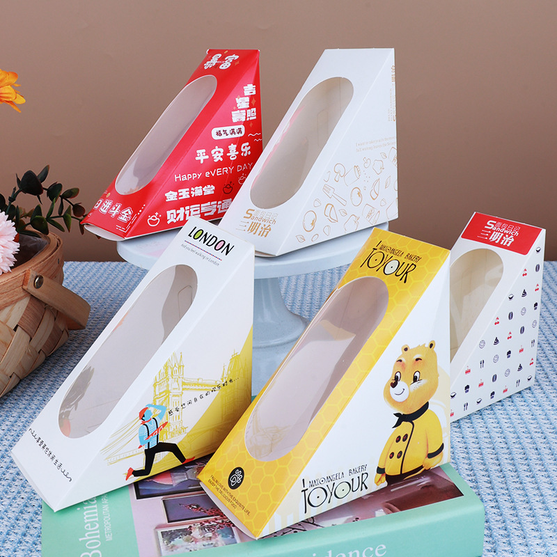 Sandwich Packaging Box Thickened Folding Triangle Packaging Paper Box Window Sandwich Disposable West Point Lunch Box