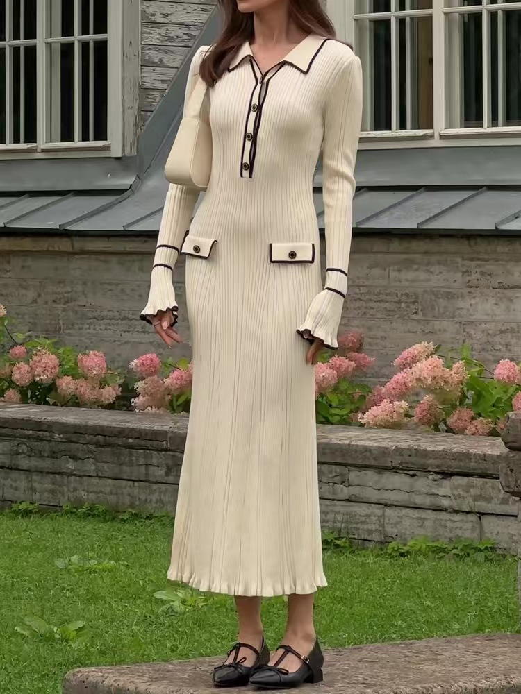 Cross-border New Fashion Lapel Long-sleeved Ruffled Buttons Slim-fit dress Women's Elegant Slim-fit Knitted Dress