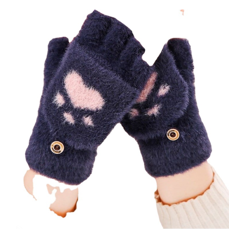 New Cute Cartoon Cat Claw Gloves Wholesale Winter Warm Fleece-Lined Thickened Half-Finger Flip-Top Women's Knitted Gloves