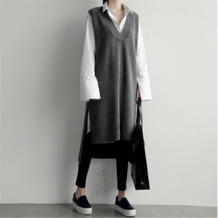 2024 Korean Sweater Vest Short Front and Long Back Vest Skirt Knitted V Neck Thickeneded Mid-Length Sweater Skirt
