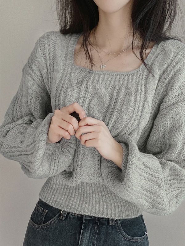 Picture of Korean style retro twist square collar pullover long sleeve sweater women's autumn and winter New loose short lazy style knitted top