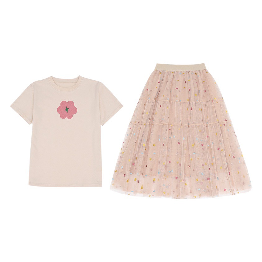 Girls' Summer Dress Two-Piece Set 2022 New Style Princess Tulle Short-Sleeve Dress for Children