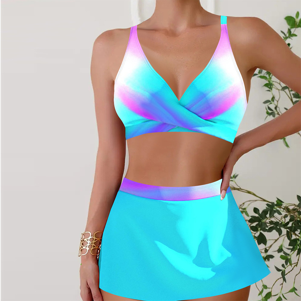 2024 Amazon New European and American Split Swimsuit Women's Large Size Skirt Bikini Fixed Edition Printed Swimsuit