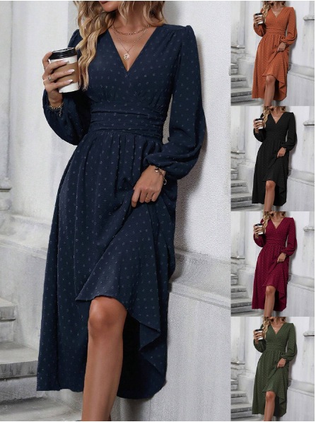 European and American Cross-border Amazon Explosions Autumn and Winter New Oblique Collar Lantern Sleeve Pleated Waist dress Women's dress