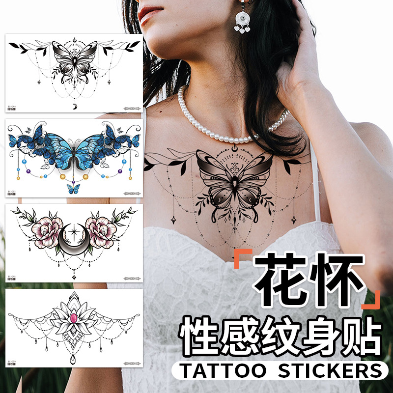 New sexy flower tattoo stickers waterproof butterfly wings flower clavicle chest European and American large tattoo cross-border in stock