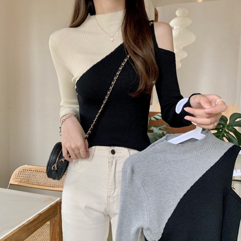 2024 version of autumn and winter new slim-fit slimming color matching off-shoulder sweater top