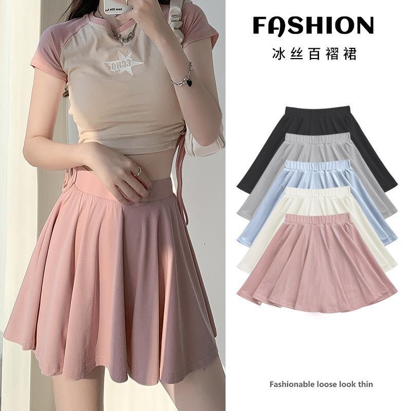 Ice Silk Pleated Skirt Women's Summer High Waist Slimming Crotch Covering Ice Silk Skirt Anti-Glow All-Match A- Line Skirt College