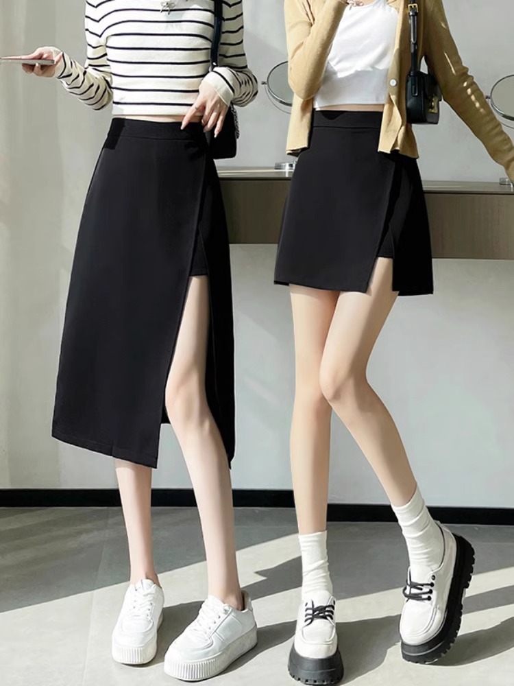 Irregular Split Black Skirt Women's 2024 Summer High Waist Hip Covering Slim A- line Skirt Mid-length One-step Skirt