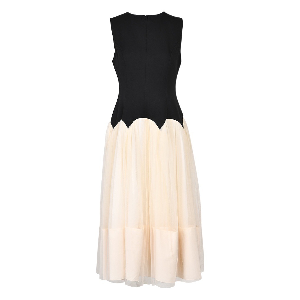 Hepburn Style Sleeveless Dress 2025 Spring New Mesh Contrasting Color Stitching Elegant French Design Skirt for Women