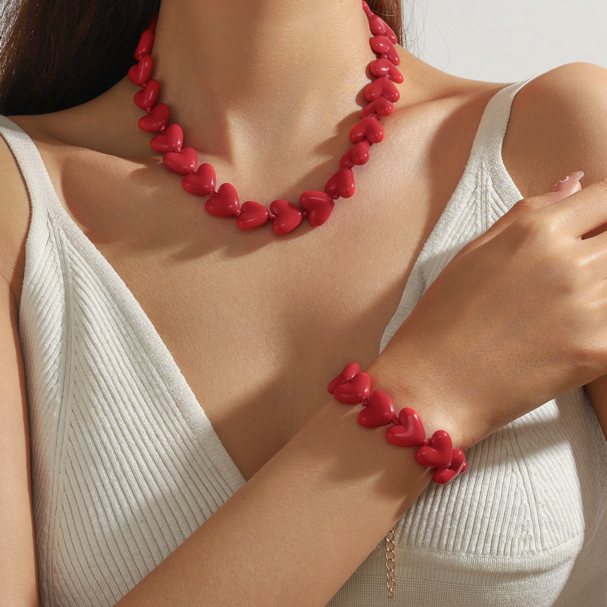 European and American Cross-Border Bohemian Style Acrylic Love Beads Hand-Knotted Necklace Bracelet Women's Jewelry Set
