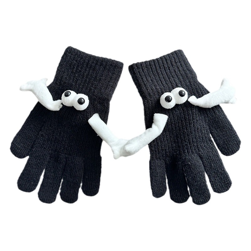 2024 Autumn and Winter New Couple Student Magnetic Warm Gloves Cute Doll Outdoor Black Briquette Holding Gloves